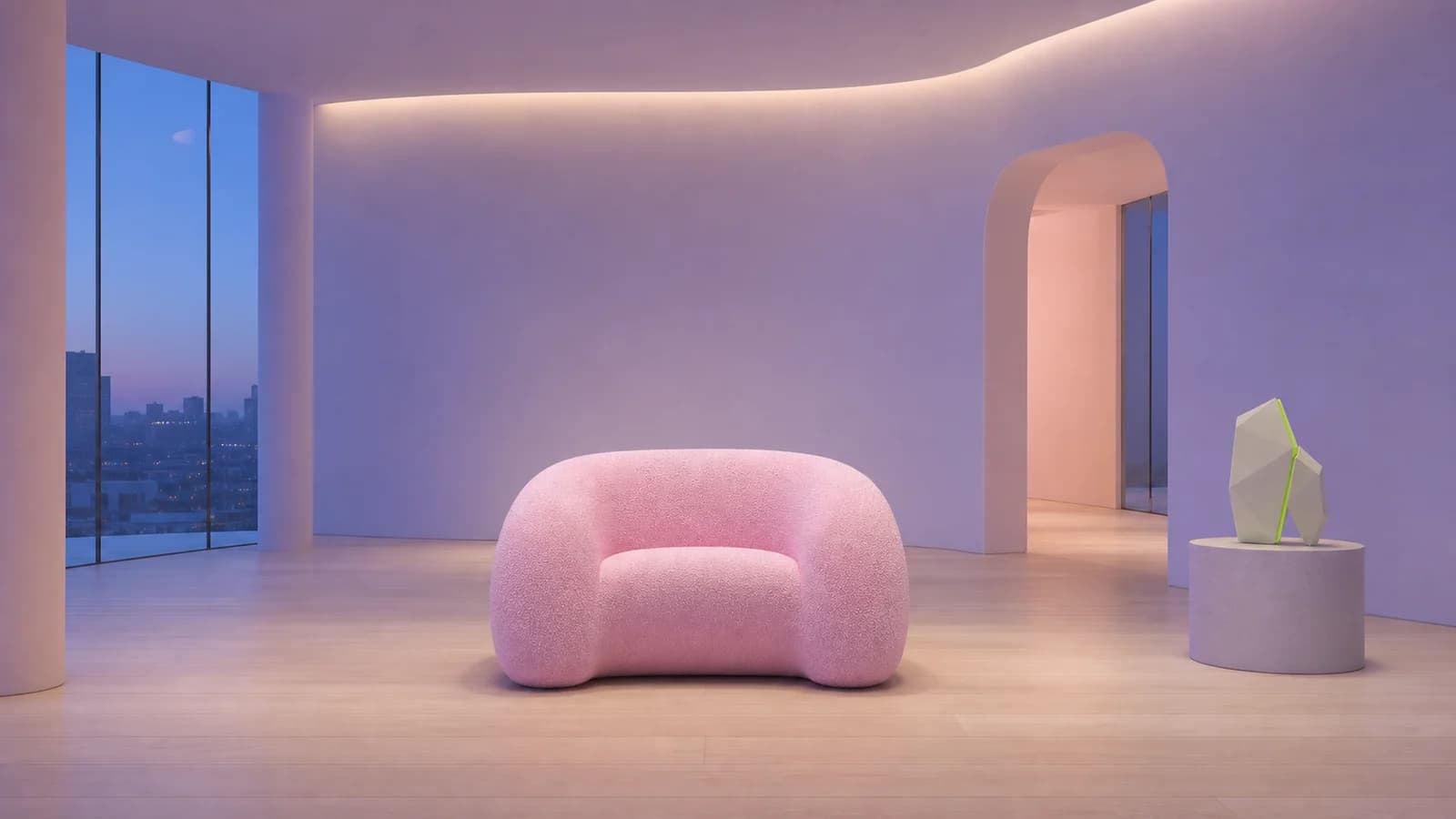 A pink sculptural sofa and faceted 3D object in a softly lit gallery interior